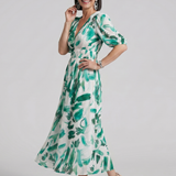 Candlia | Haljina midi sa puf rukavima i V izrezom, apstraktni print