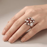 CRVENI GARNET CLUSTER SREBRNI PRSTEN U FORMI CVETA