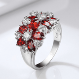 CRVENI GARNET CLUSTER SREBRNI PRSTEN U FORMI CVETA