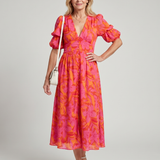 Zarelle | Haljina midi sa puf rukavima i V izrezom u bold cvetnom printu