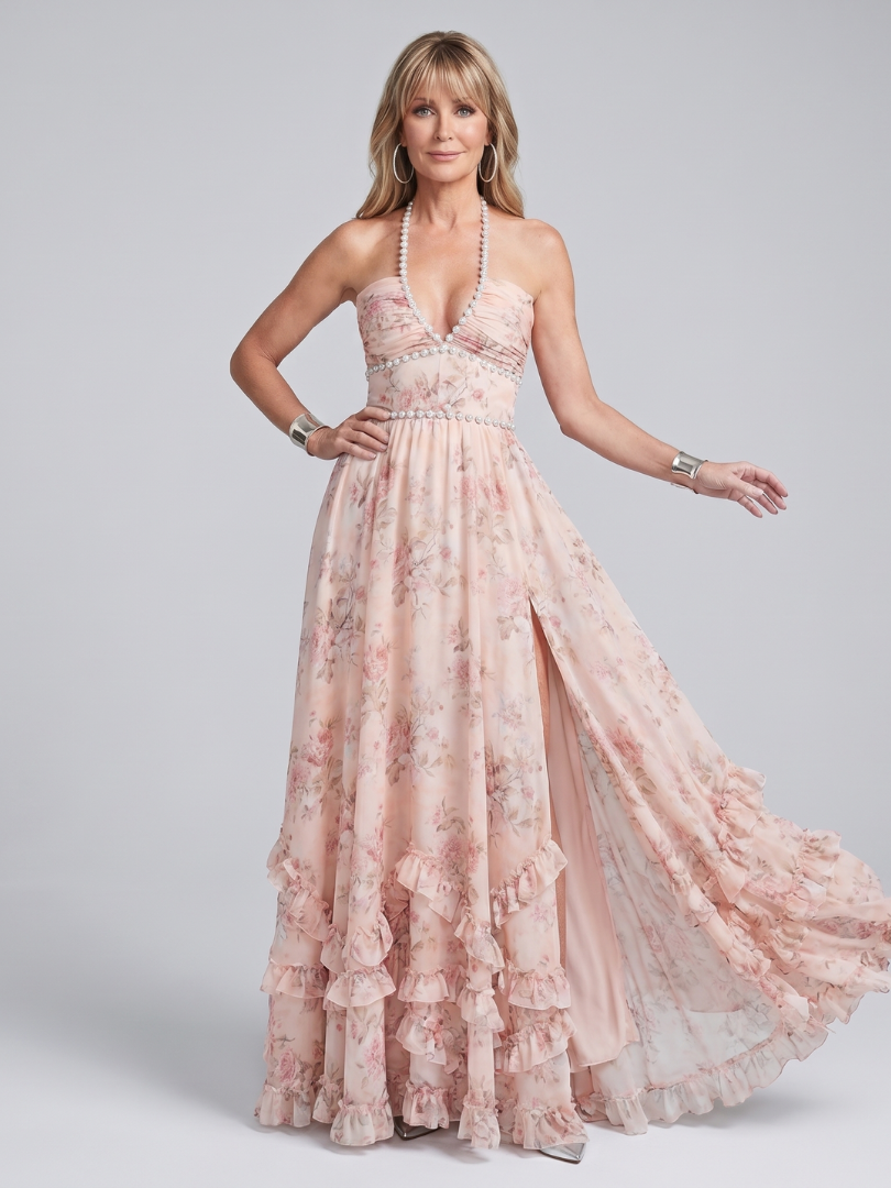 Alessia | Halter Neck Cvjetna Beaded Maxi Haljina