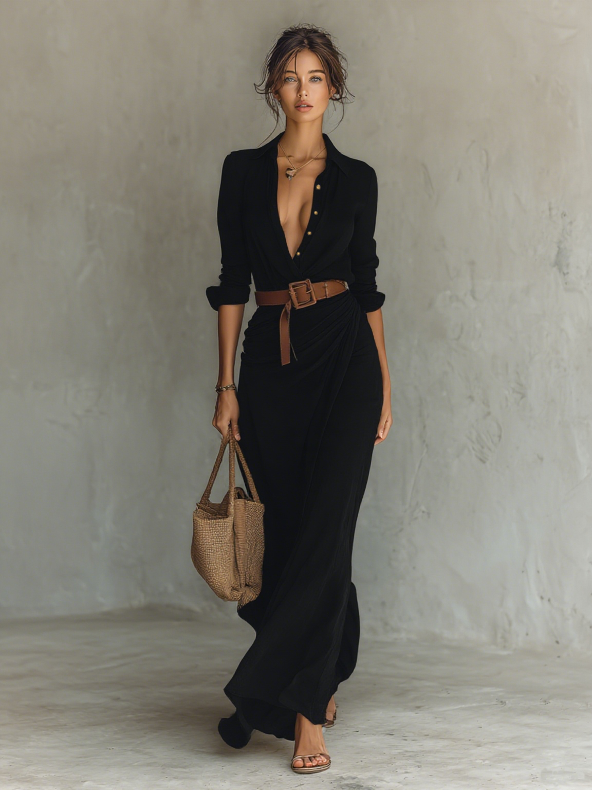 Maksikleid sa rever kragnom dugih rukava