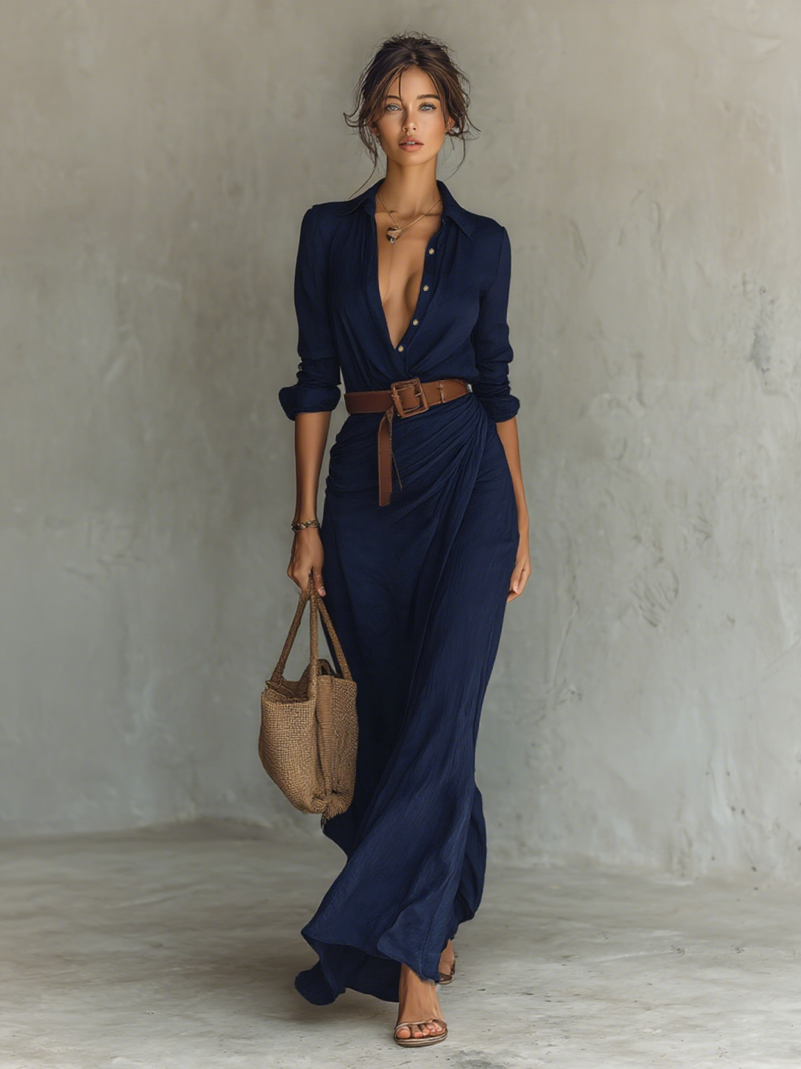 Maksikleid sa rever kragnom dugih rukava