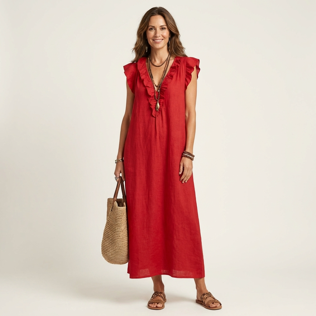 Ana | Haljina Maxi sa Ruffles i V-Izrezom