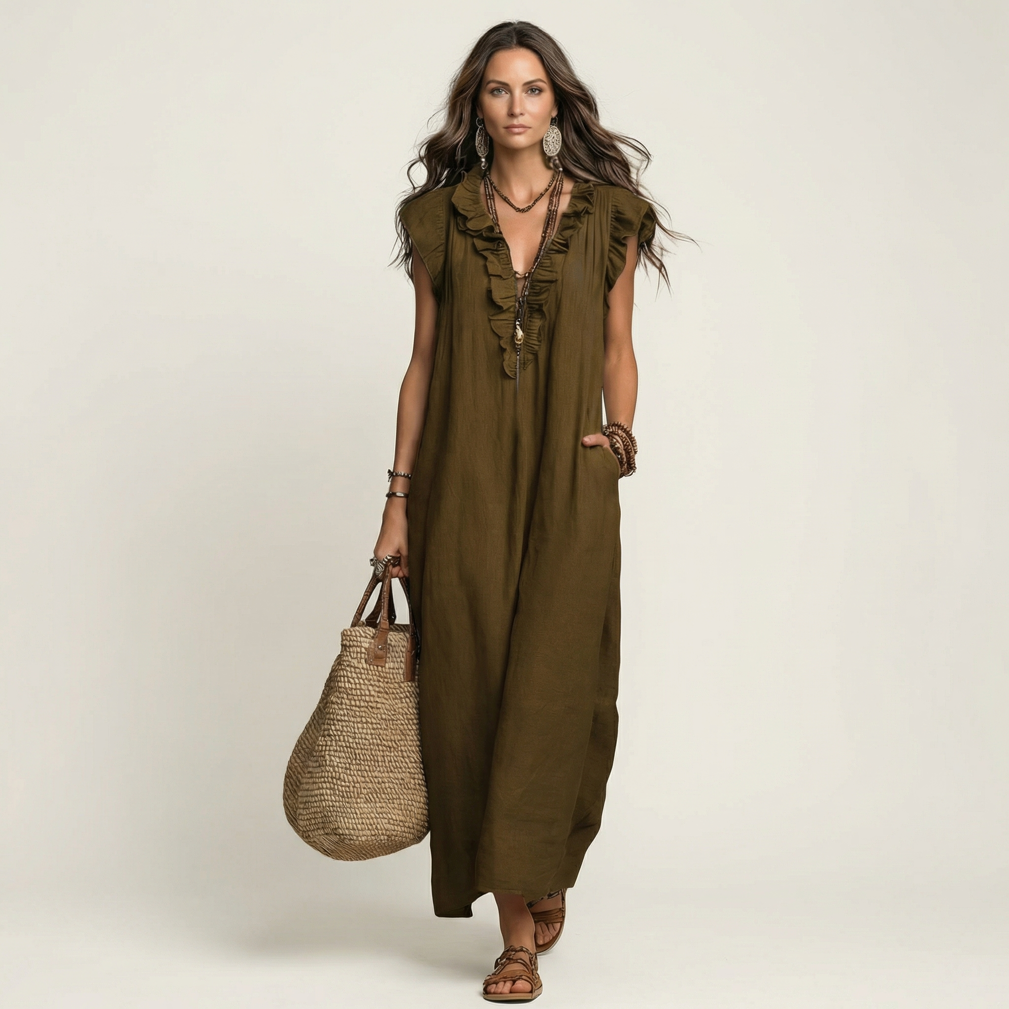 Ana | Haljina Maxi sa Ruffles i V-Izrezom